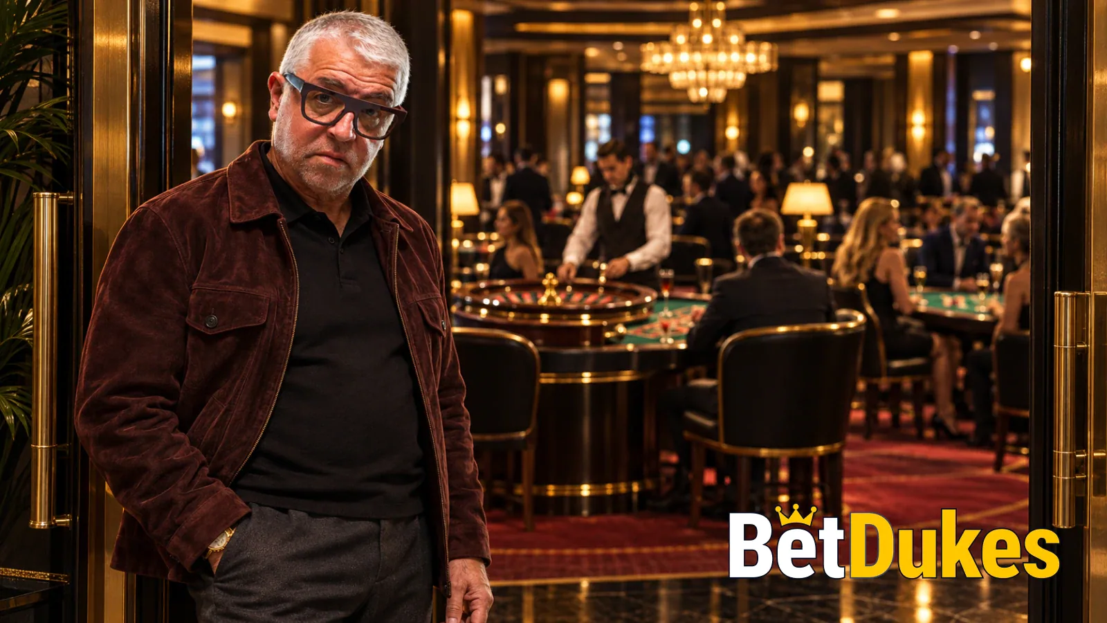 A grey-haired man in glasses in a dark red jacket stands in the doorway of a casino floor with a roulette wheel and card tables behind him
