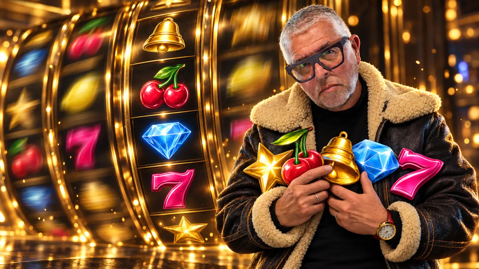 A grey-haired man in glasses in a sheepskin jacket clutches a star, cherries, a bell, a diamond and a pink seven in front of giant golden slot reels