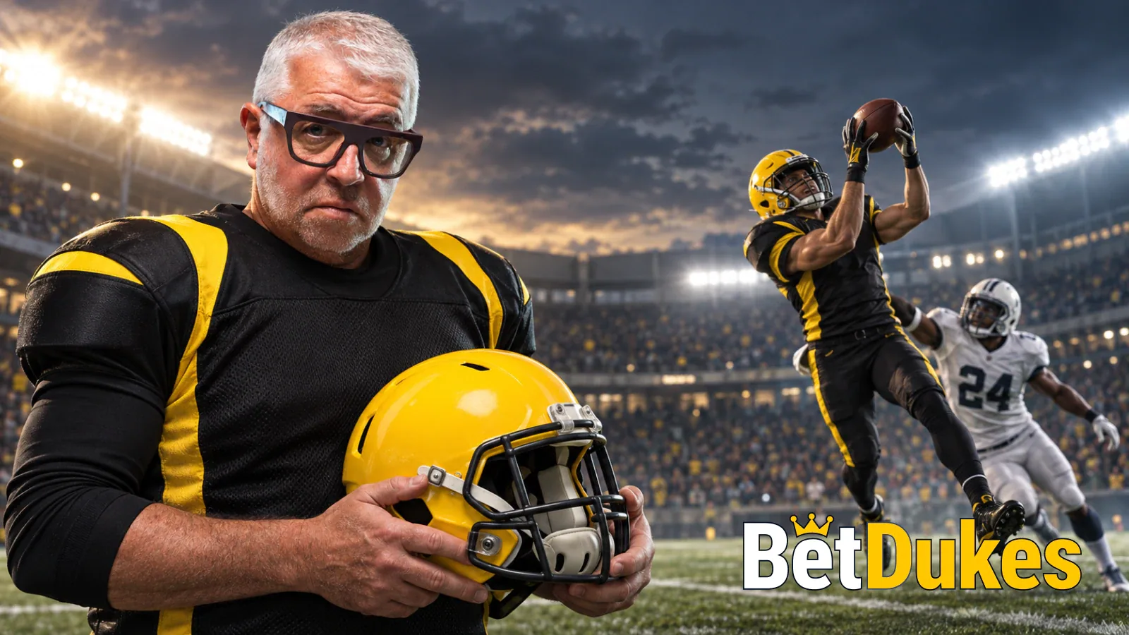 A grey-haired man in glasses in a black and gold jersey holds a yellow helmet as a receiver makes a leaping catch in a floodlit stadium