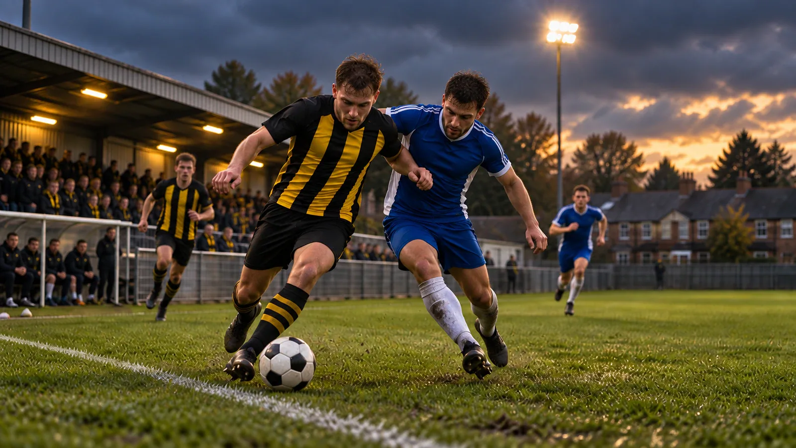 Two players shoulder to shoulder for the ball on the touchline of a non-league ground, a small covered stand and floodlight behind them