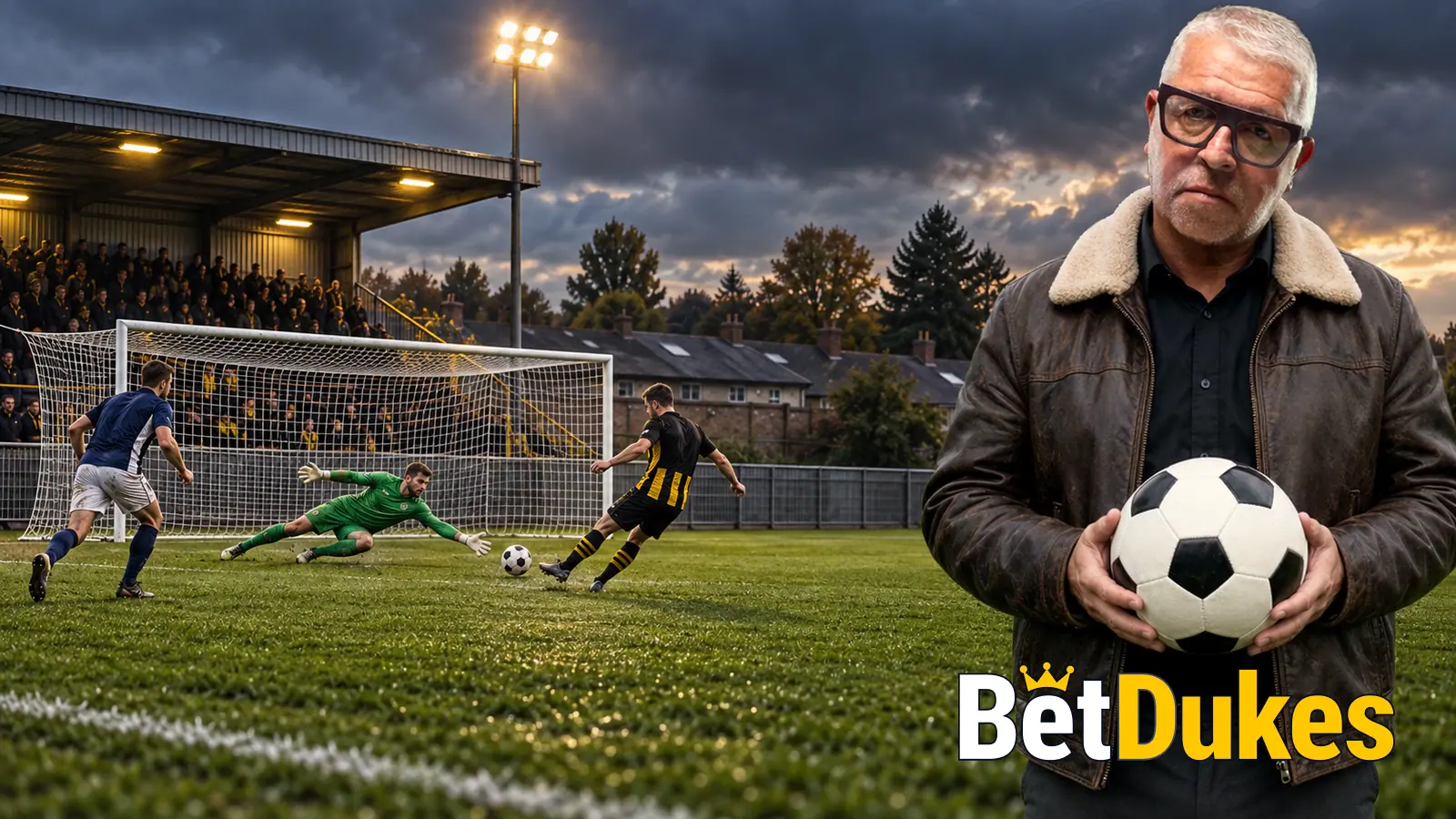 A grey-haired man in glasses in a leather jacket holds a football beside a small covered stand as a striker shoots past a diving keeper