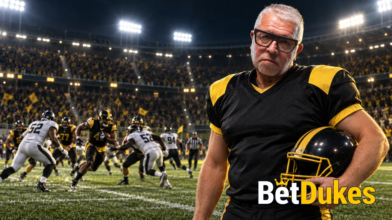A grey-haired man in glasses and a black and gold jersey holds his helmet as a running back breaks through under the floodlights