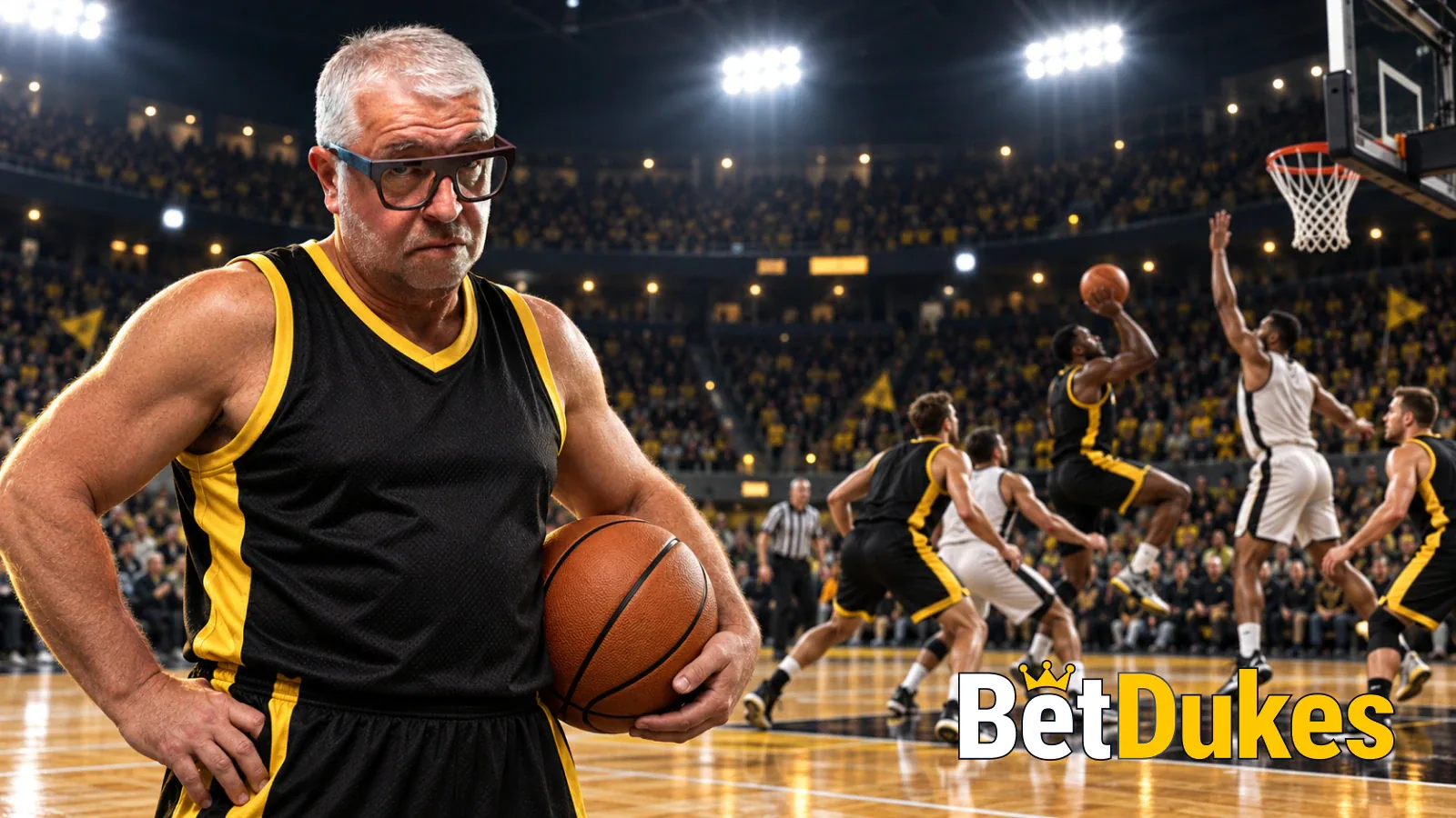 A grey-haired man in glasses in a black and gold vest holds a basketball as a player rises for a lay-up behind him