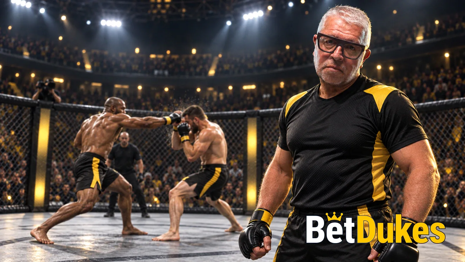 A grey-haired man in glasses in black and gold MMA gloves stands by the cage as two fighters trade punches inside it