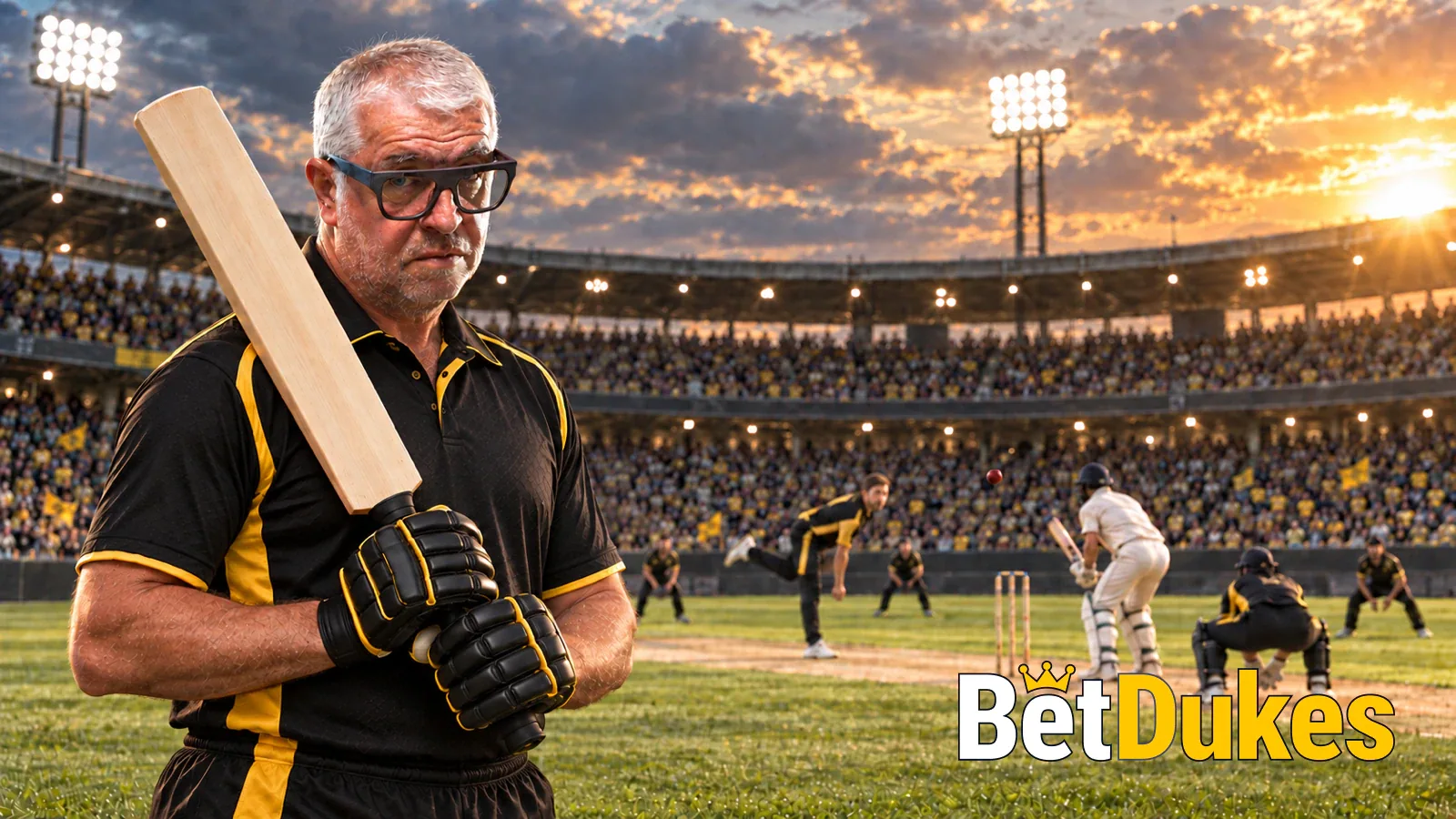 A grey-haired man in glasses in a black and gold shirt shoulders a cricket bat as a bowler runs in under a sunset sky