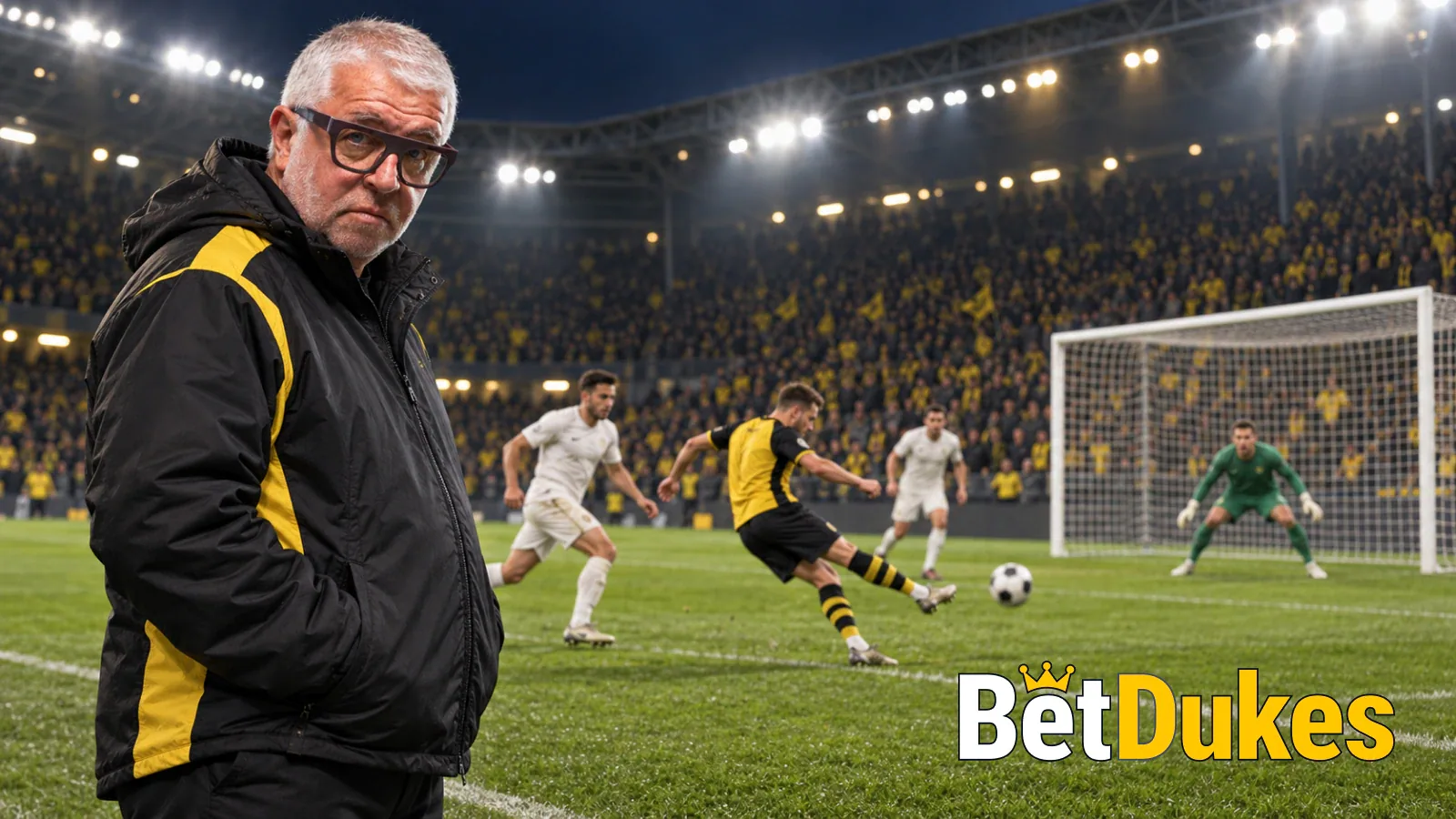 A grey-haired man in glasses in a black and gold jacket stands pitchside as a striker shoots at goal under the floodlights