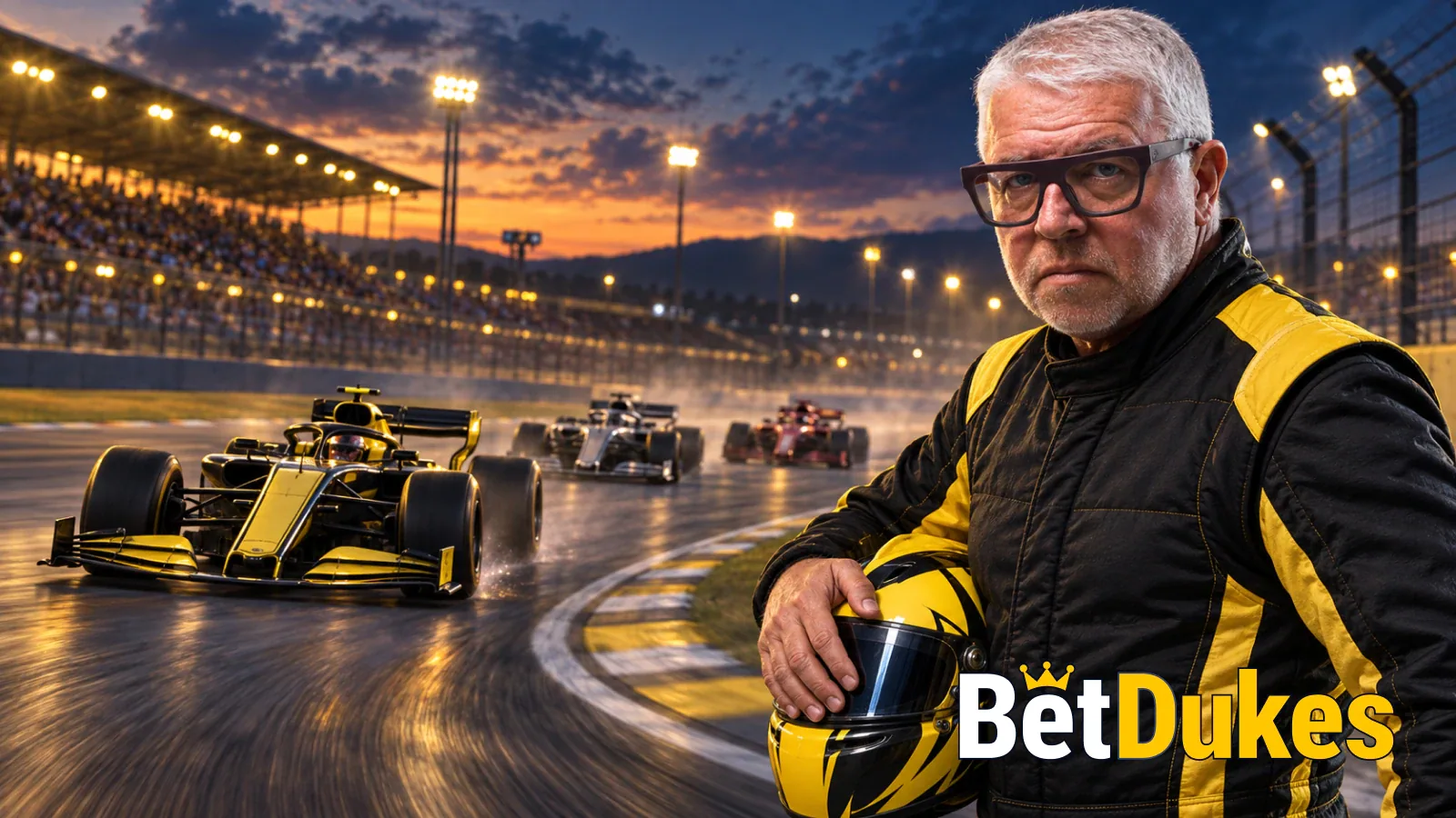 A grey-haired man in glasses in a black and gold race suit holds a helmet as Formula 1 cars sweep through a corner at dusk