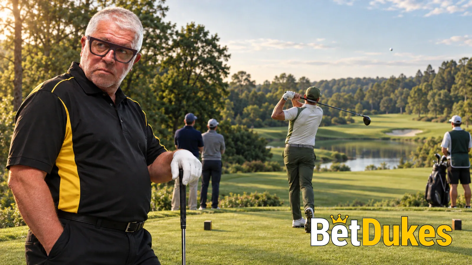 A grey-haired man in glasses in a black and gold polo leans on a club as a golfer drives over the water