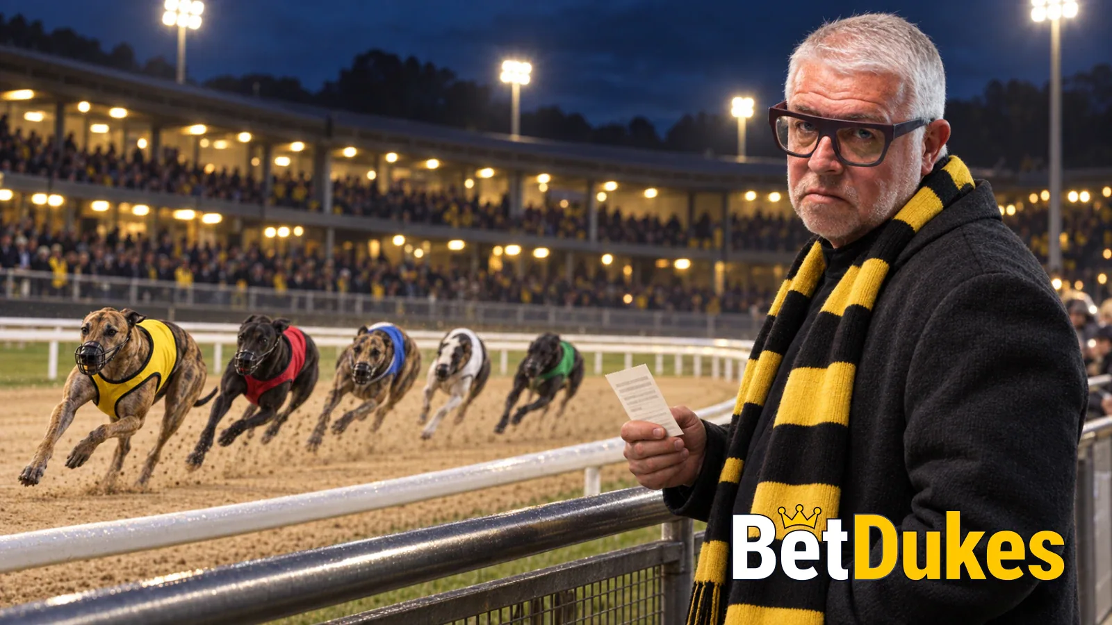 A grey-haired man in glasses in a black and gold scarf holds a betting slip at the rail as greyhounds race past the floodlit stands