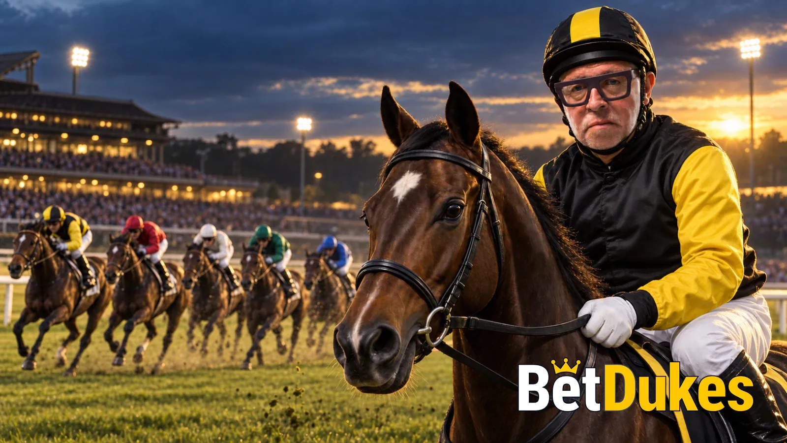 A grey-haired jockey in glasses and black and gold silks sits on a horse as the field gallops past the stands at sunset