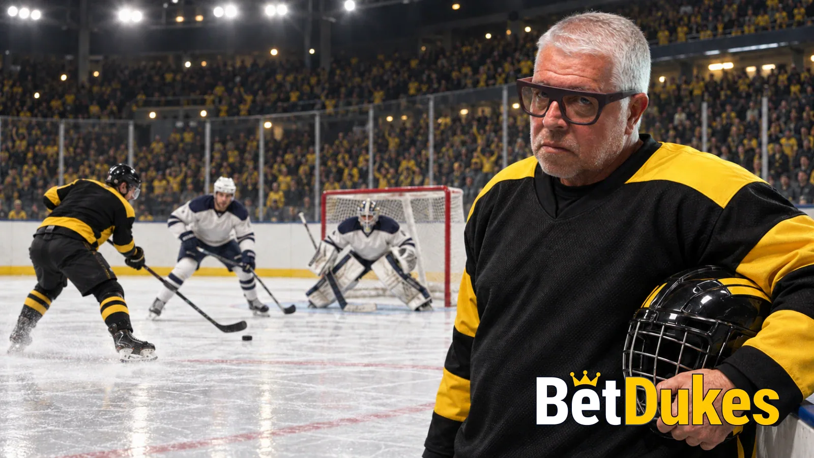A grey-haired man in glasses in a black and gold hockey jersey holds his helmet at the boards as a forward bears down on the goaltender