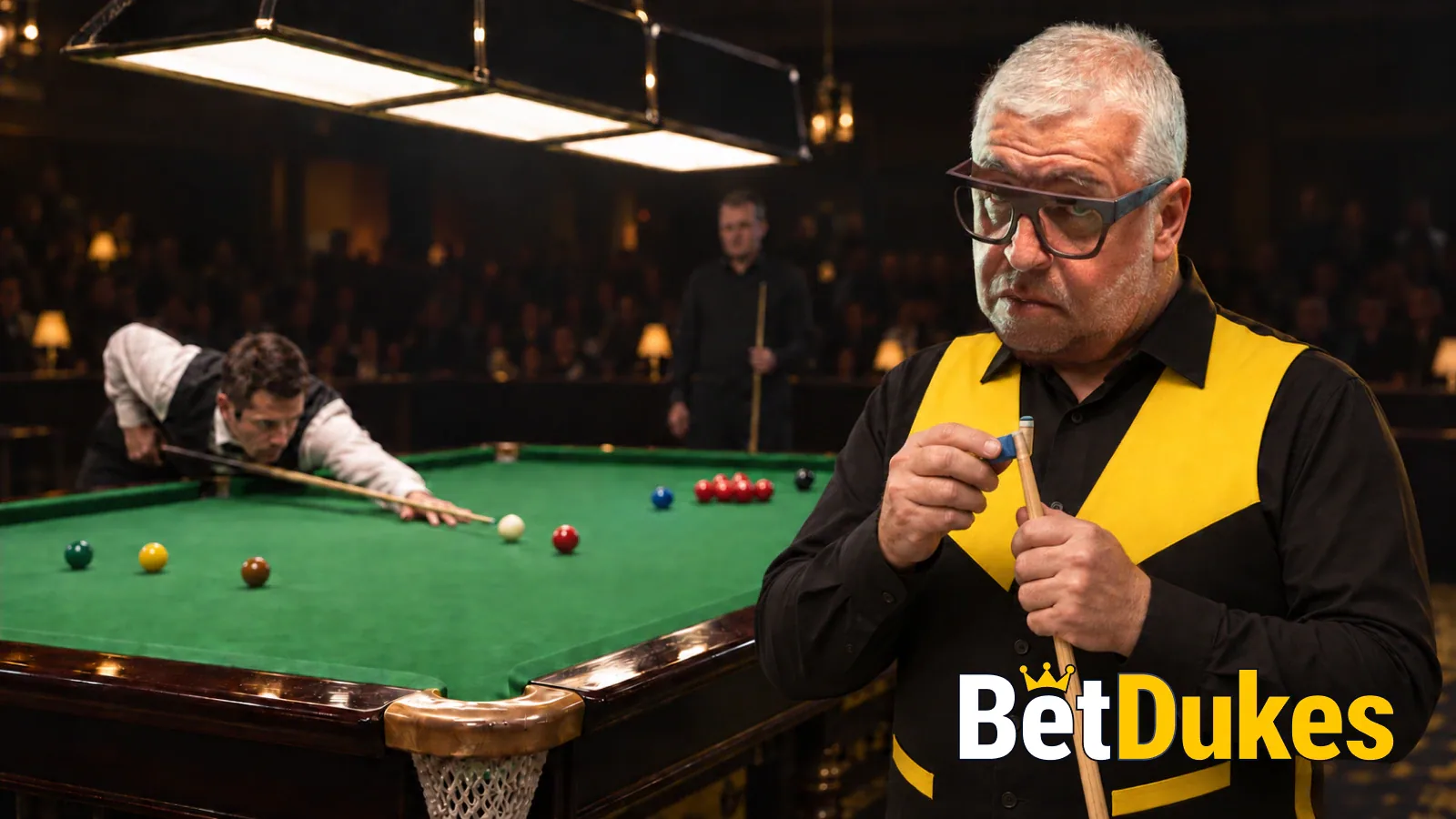 A grey-haired man in glasses in a black and gold waistcoat chalks his cue as a player lines up a red on the table