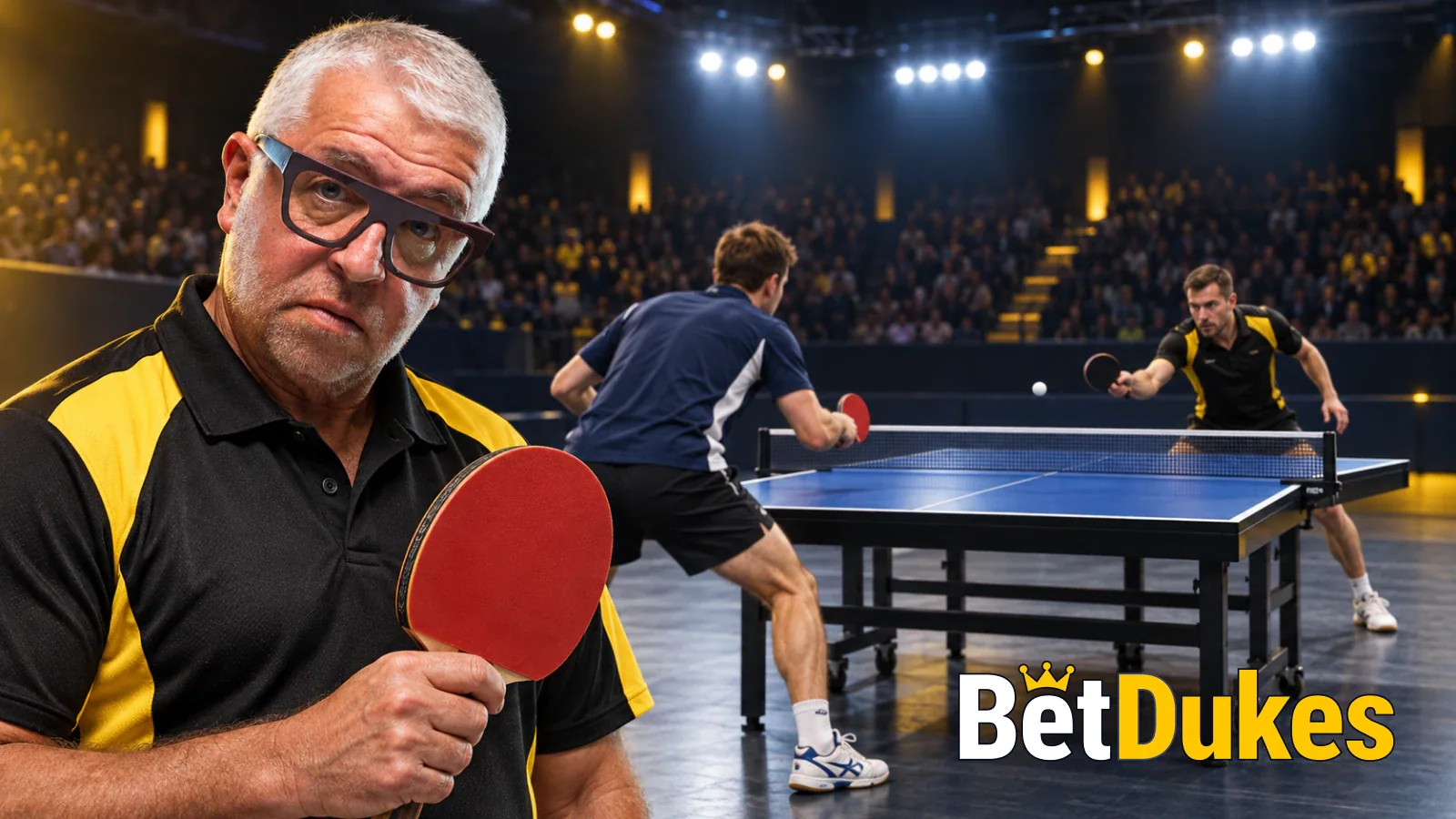 A grey-haired man in glasses in a black and gold shirt holds a bat as two players rally across a blue table in a packed hall